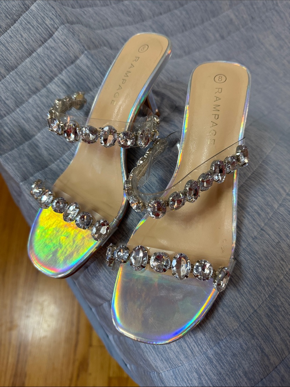 Rampage Holographic Crystal-Embellished Heeled Sandals - Iridescent